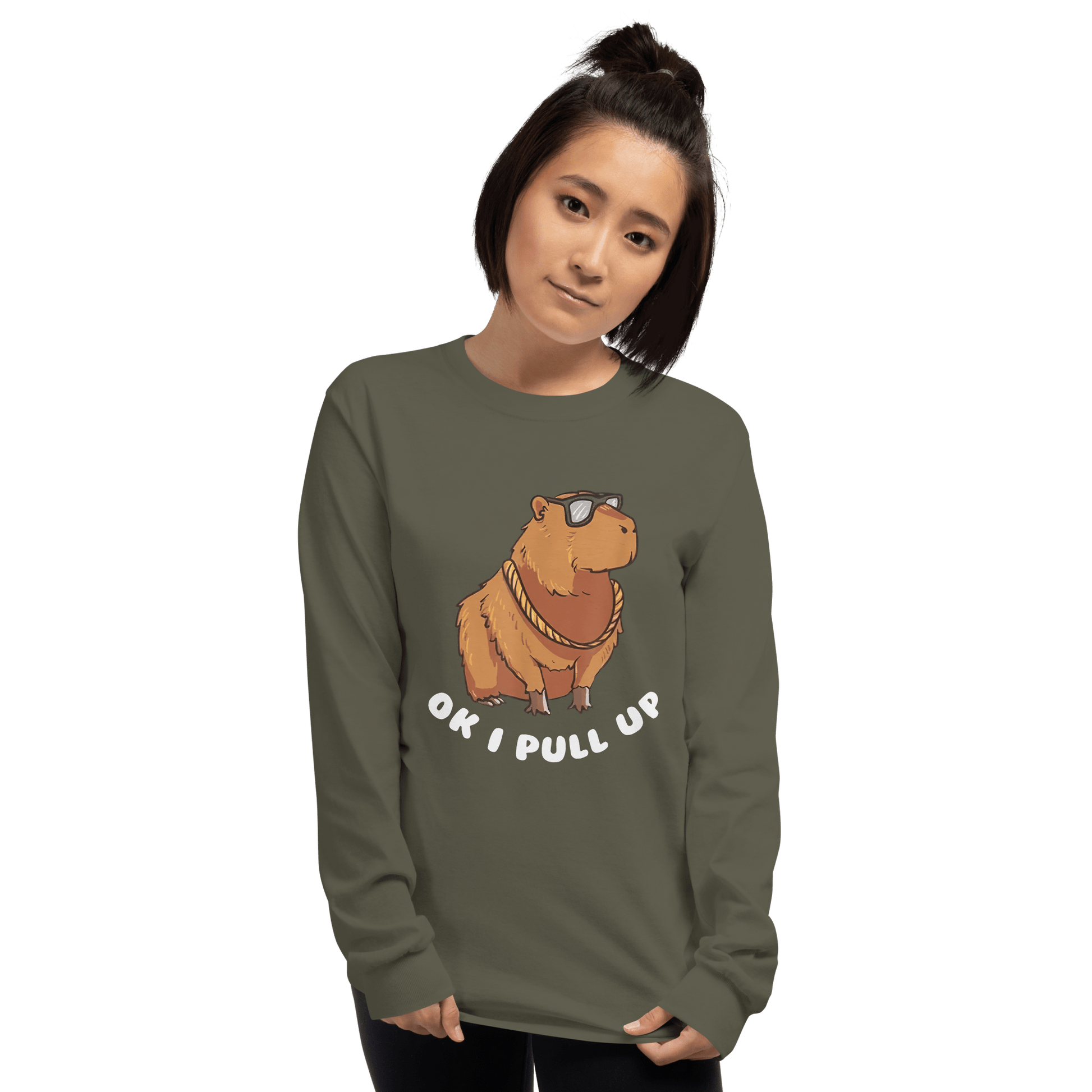 Capybara Long Sleeve T-Shirt Meme - Military Green | Shirtposting