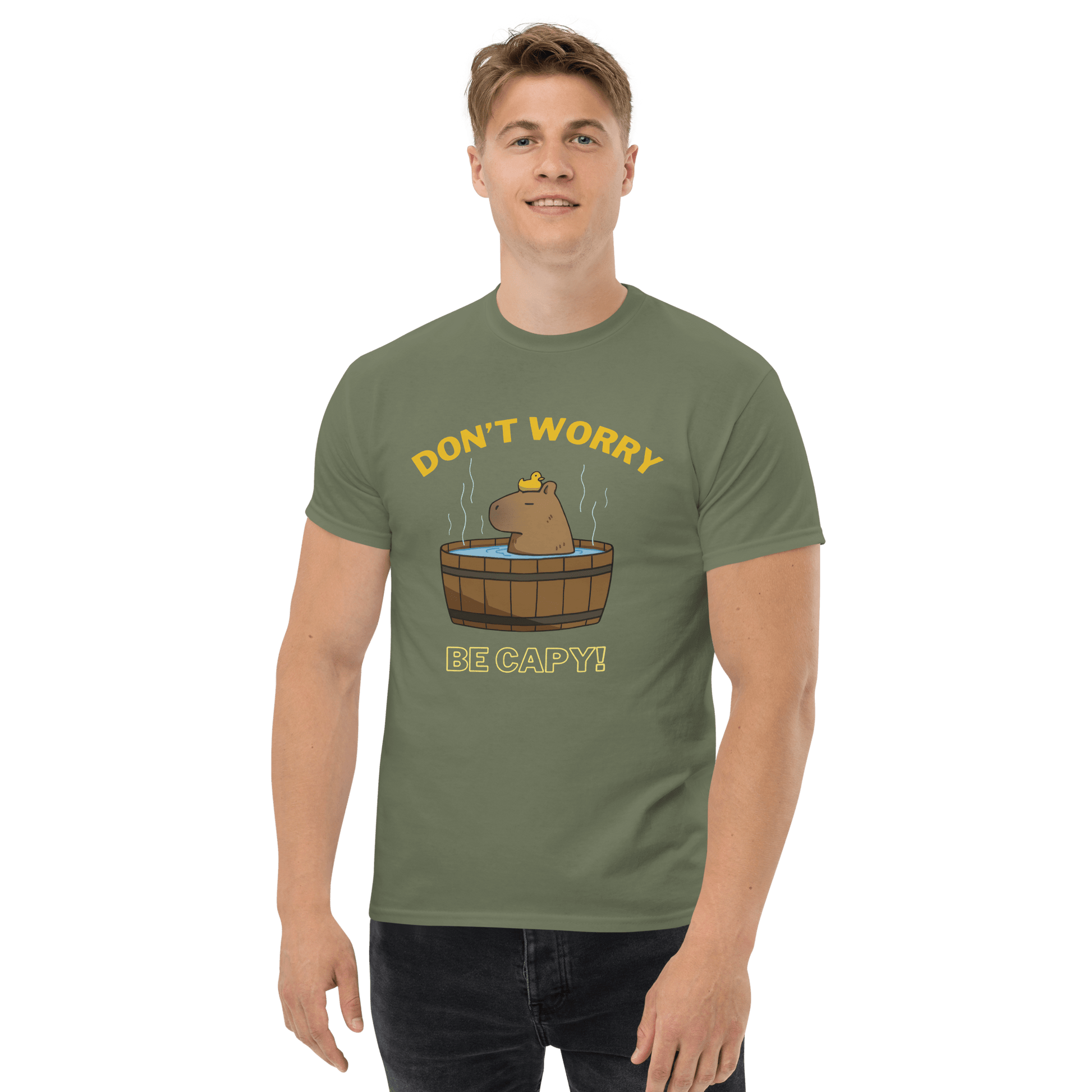 Don't Worry Be Capy Classic T-Shirt Meme - Military Green | Shirtposting