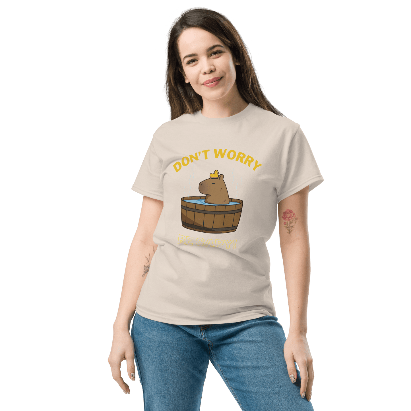 Don't Worry Be Capy Classic T-Shirt Meme - Military Green | Shirtposting