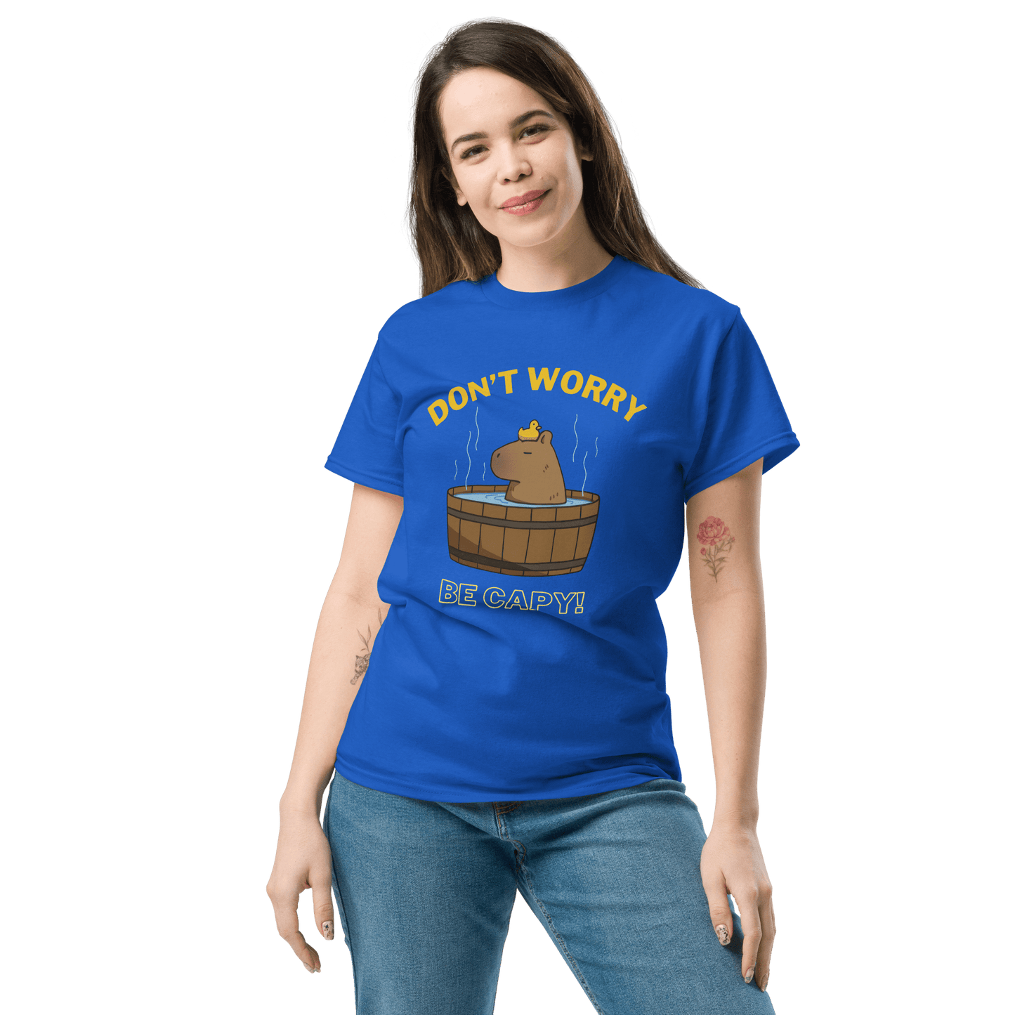 Don't Worry Be Capy Classic T-Shirt Meme - Royal | Shirtposting