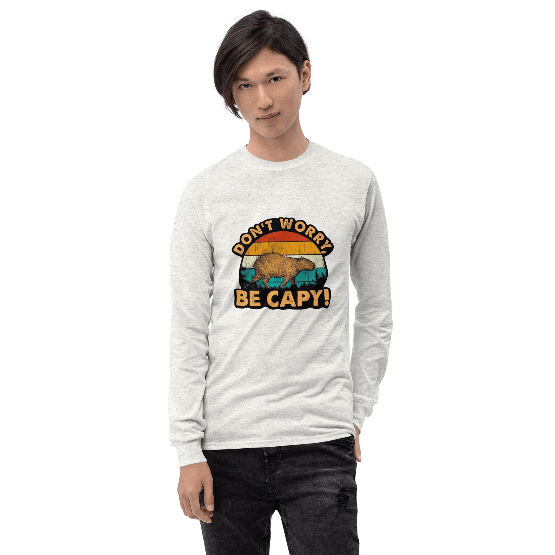 Don't Worry Be Capy Long Sleeve T-Shirt Meme - Sport Grey | Shirtposting