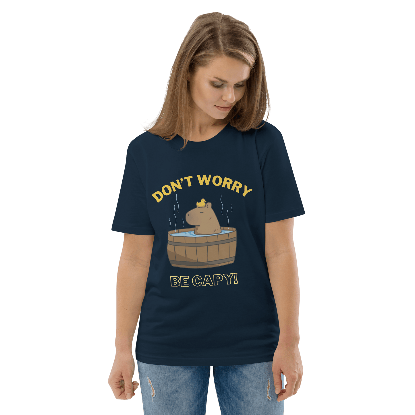 Don't Worry Be Capy Premium Organic T-Shirt Meme - Cotton Pink | Shirtposting