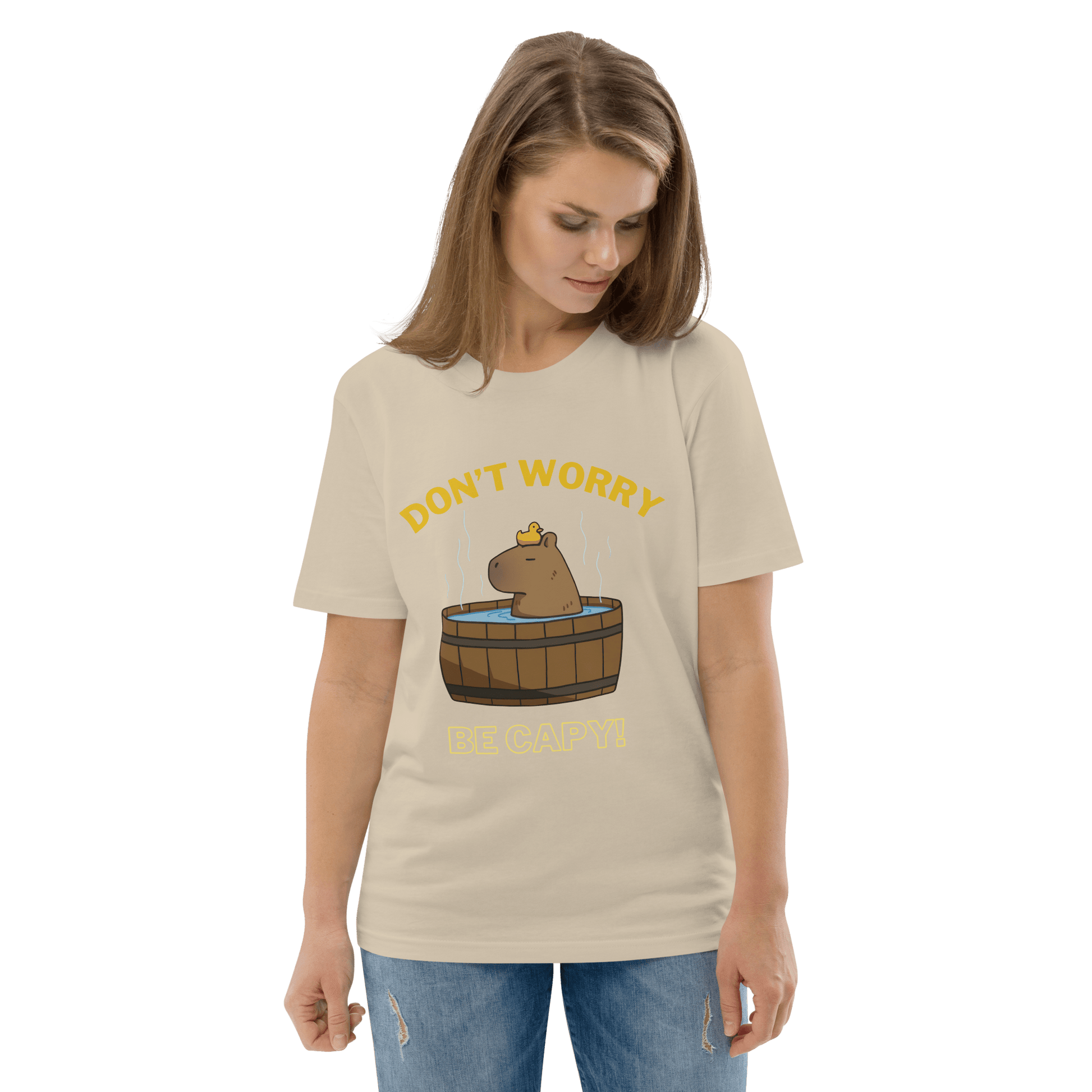 Don't Worry Be Capy Premium Organic T-Shirt Meme - Cotton Pink | Shirtposting