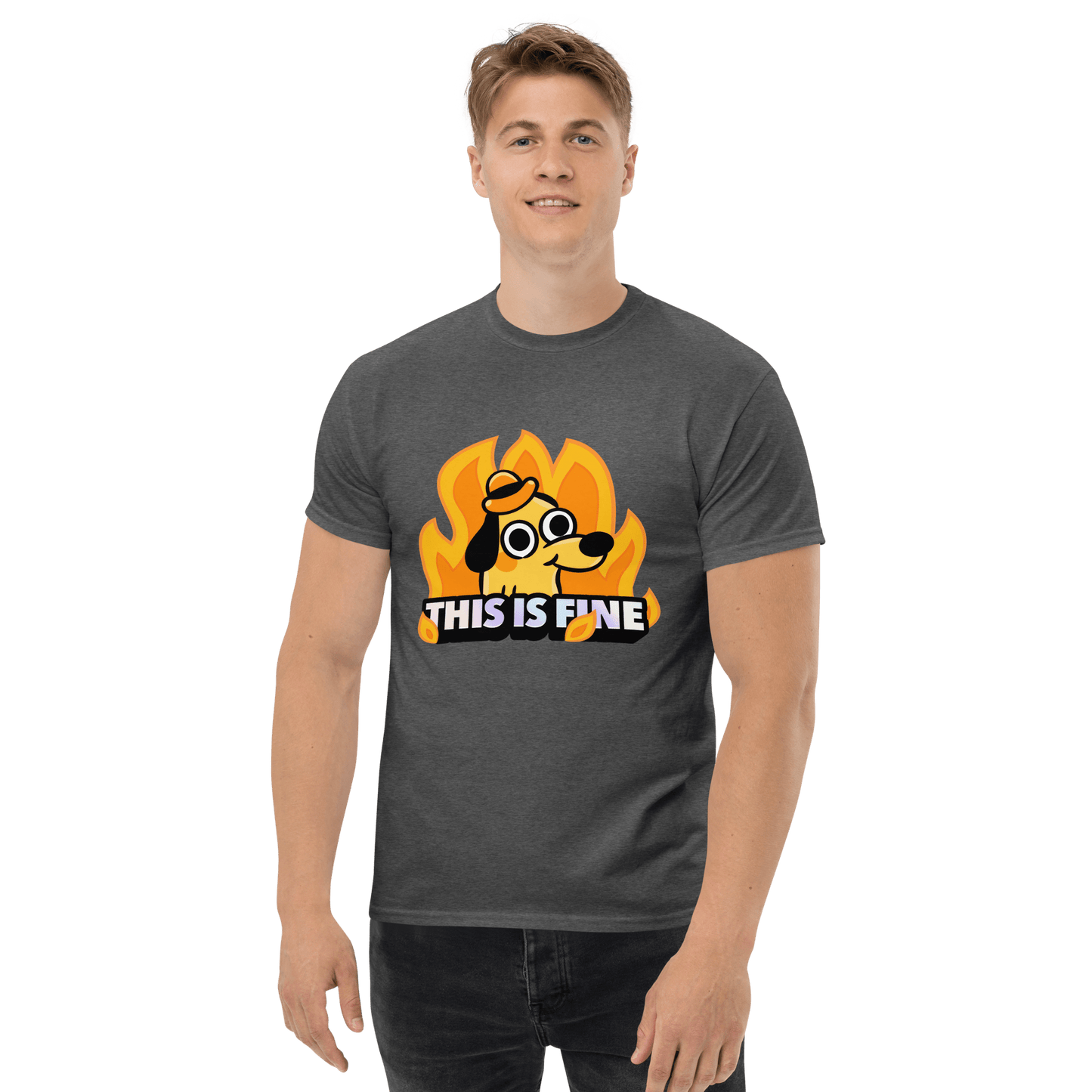 This Is Fine Classic T-Shirt Meme - Dark Heather | Shirtposting