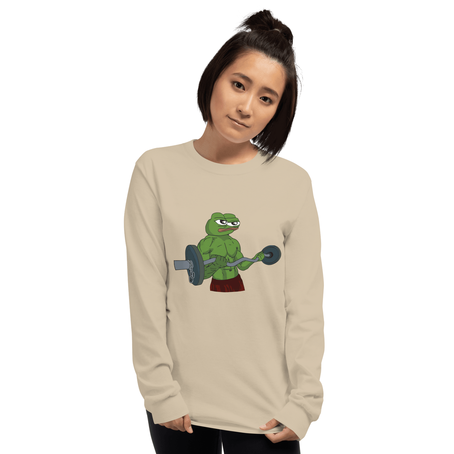 Working Out Pepe Long Sleeve T-Shirt Meme - Sand | Shirtposting